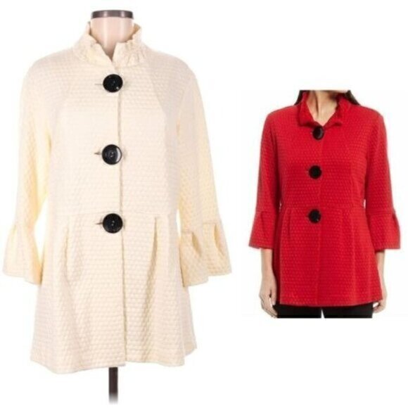 Ali Miles Scarlet Textured Knit Jacket Size Medium Ivory Peplum Drop Waist - Picture 1 of 9